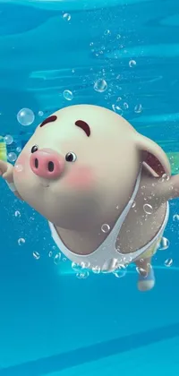This phone live wallpaper features a fun and colorful cartoon pig swimming and playing in a pool surrounded by bubbles