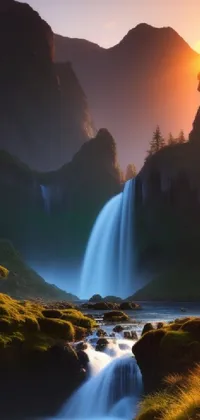 This phone live wallpaper displays a stunning fantasy scene featuring a waterfall flowing in a mystical mountain landscape, with the sun setting in the background