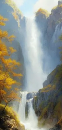 This live wallpaper showcases a stunning oil painting of a waterfall amidst a forest