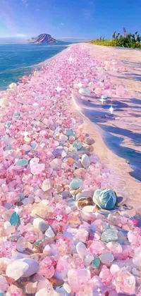 This phone live wallpaper features a beautiful beach scene filled with pink and white shells, set against a backdrop of clear blue skies and sapphire waters