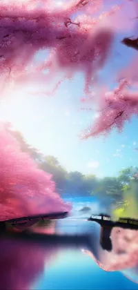 This live wallpaper features a gorgeous painting of a lush sakura tree island, connected by a traditional Japanese bridge over a serene body of water