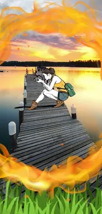 This live wallpaper features an illustration of a person on a dock surrounded by flames in a close up view