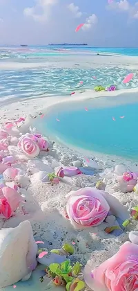 This phone live wallpaper features a beautiful scene of pink flowers, white beaches, and a sparkling lake set against a breathtaking backdrop of sky and clouds