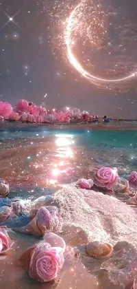 This stunning live wallpaper features a beach with pink roses, a crescent moon, and a luminous and sparkling atmosphere