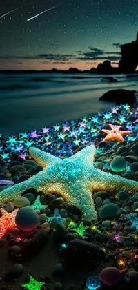 This phone wallpaper depicts a group of vibrant starfish perched on a sandy beach