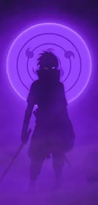 This live wallpaper depicts a mysterious, lone figure holding a sword against a purple, otherworldly light