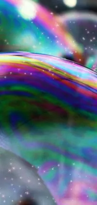 This phone live wallpaper showcases beautiful digital art with a floating group of soap bubbles in vivid colors set on a holographic oil slick nebula background