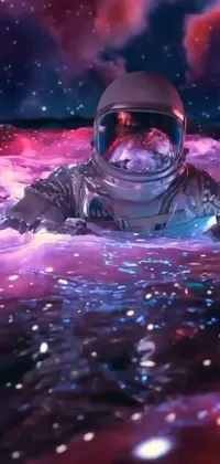 Get ready for the ultimate cosmic experience with this digital space-themed live wallpaper for your phone! Featuring a detailed depiction of an astronaut floating in water with a purple cosmic background, this wallpaper is sure to leave you feeling out-of-this-world