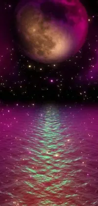 This stunning live wallpaper depicts a digital rendering of a full moon lighting up a body of water