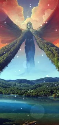 This mobile live wallpaper showcases a mesmerizing selection of vibrant and dynamic nature scenes, including an enchanting painting of an angel soaring over crystal blue waters, psychedelic art designs, a stunning depiction of Mother Nature's beauty, heavenly gates, a breath-taking tall tree amidst a forest, an underwater wonderland with lively coral and delightful fish, and a captivating animation of the Northern Lights illuminating the night sky