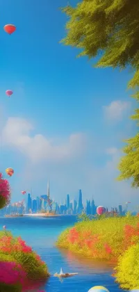 Looking for a lively live wallpaper for your phone? This one features vibrant beach balls on a lush green field, a beautiful city of the future, magical and colorful flowers, a serene sunset over a breathtaking lake, or a peaceful mountain with a gentle river