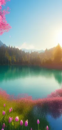 Discover a stunning live wallpaper featuring a serene lake surrounded by a lush forest and pink flowers