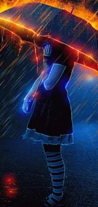 This phone live wallpaper showcases an otherworldly scene of a woman sheltering from the rain with an umbrella made of intense flames