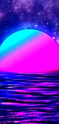 Enjoy a mesmerizing purple and blue sunset on a glittering body of water with this beautiful digital art live wallpaper