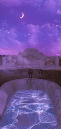 Elevate your phone's background with this mesmerizing live wallpaper of a tranquil bathroom, boasting a luxuriously designed bath tub and an intense purple sky backdrop