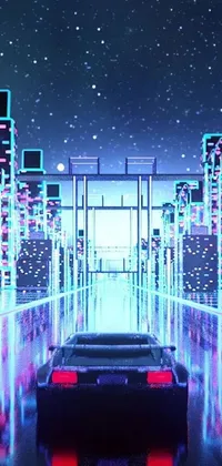 This live wallpaper showcases a car driving through a futuristic, neon-lit city at night with a pixelated, 80s anime aesthetic