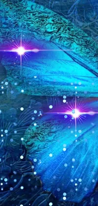This stunning phone live wallpaper showcases a beautiful blue butterfly resting on a lush green field, with glittering stars adding a touch of sparkle to the scene