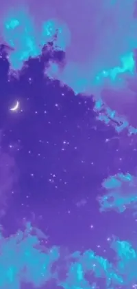 This phone live wallpaper presents a dreamy and detailed depiction of a purple and blue sky with stars and crescent moon imagery, perfect for those who love a celestial or magical aesthetic