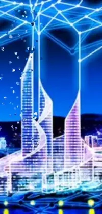 This stunning live phone wallpaper displays a digital rendering of a futuristic city at night