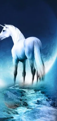 This phone live wallpaper depicts a majestic white unicorn standing on water, with a soft blue moonlit background, and features ultra-realistic digital art style