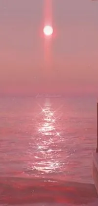This live wallpaper for phones features a serene image of a sunset over the ocean with a pink door in the foreground