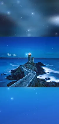 This mobile live wallpaper showcases a marvelous digital artwork of a lighthouse situated on top of a rock overlooking the vast ocean
