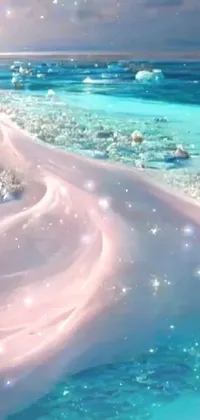This phone wallpaper features a breathtaking beach with a crystal clear blue and pink body of water