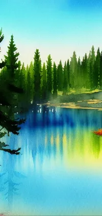 This live phone wallpaper features a watercolor painting of a serene lake surrounded by sparse pine trees