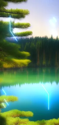 This mobile live wallpaper features a stunning digital painting by Ike no Taiga, providing a picturesque view of a body of water surrounded by forest trees