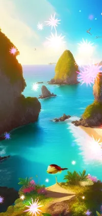 This phone live wallpaper features a mystical bird flying over a tropical beach with cliffs and palm trees in the background