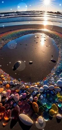 This stunning live wallpaper by National Geographic features a circle of stones on a sandy beach, surrounded by colorful shells, seaweed, and starfish