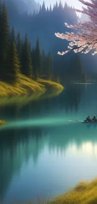 Enjoy the serene and relaxing scene of a group of people in a boat on a lake with the beautiful digital art live wallpaper by artist Raymond Han