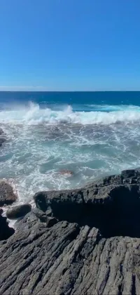 This live wallpaper features a man standing on a rocky beach next to the ocean, with crashing waves and an extreme panoramic view of the horizon