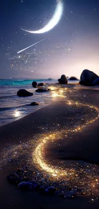 This live phone wallpaper depicts a night beach with a crescent moon in the sky