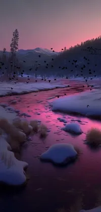 This phone live wallpaper showcases a beautiful digital painting of a snow-covered forest with a river running through it, illuminated by soft pink, violet, and yellow sunset tones