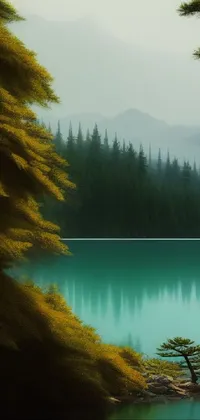This phone live wallpaper depicts a serene lake surrounded by trees against misty mountains