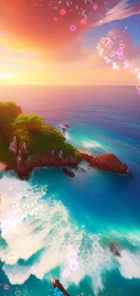 This phone live wallpaper showcases a breathtaking island in the middle of the ocean during sunset