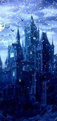 Transform your mobile phone with this stunning live wallpaper featuring a breathtaking castle located in a dense forest at nighttime