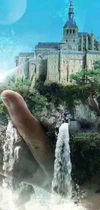 The phone live wallpaper features a mesmerizing castle floating on a mountain top and shrouded in misty clouds