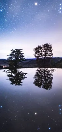 This stunning phone live wallpaper features an image of two trees standing in a serene lake