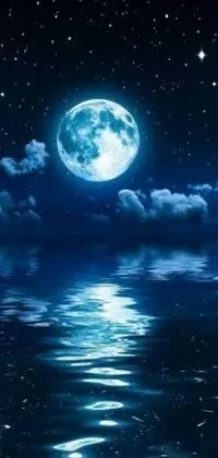 This live phone wallpaper features a stunning full moon reflecting in a calm body of water, invoking a sense of peacefulness and tranquility with its deep blues and starry-night skies