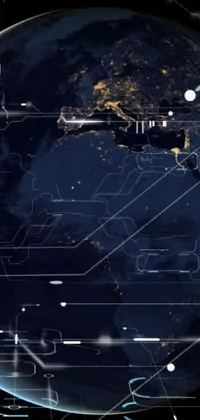 This live wallpaper displays an awe-inspiring view of the earth from space at night, decorated with intricate digital art filled with a series of grid shapes, spaceship blueprints, and digital map coordinates