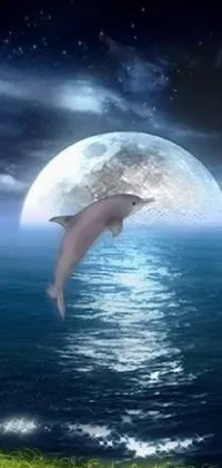 This phone live wallpaper features a mesmerizing depiction of a dolphin leaping out of the water against the backdrop of a luminous moon