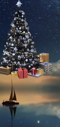 This stunning phone live wallpaper features a surreal and magical Christmas tree that appears to float on water