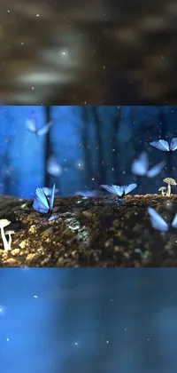 This stunning phone live wallpaper depicts a group of blue butterflies sitting on a rock in a magical mushroom forest, complete with glowing fireflies
