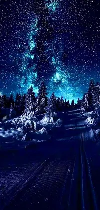 This phone live wallpaper captures the essence of a serene winter night, featuring a snow-covered road winding through a dark forest illuminated by moonlight