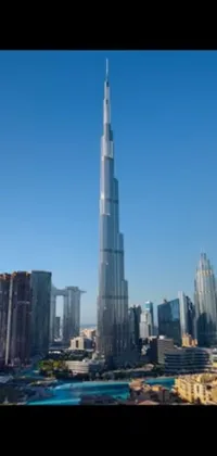 This impressive phone live wallpaper showcases a majestic skyscraper towering over a bustling Middle Eastern cityscape