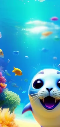 Looking for a visually stunning phone wallpaper that incorporates beach scenery and a cute cartoon seal? Look no further than this live wallpaper, which offers a colorful underwater scene complete with a school of beautiful fish