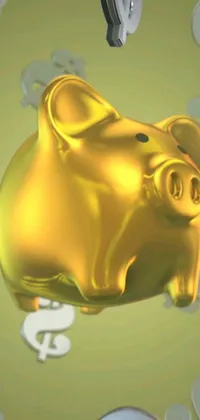 This phone live wallpaper features a golden piggy bank atop a pile of money