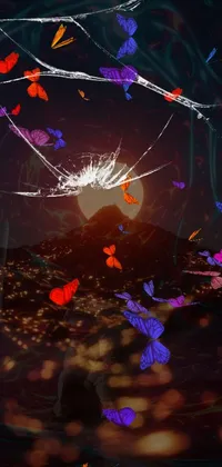Bring the beauty of nature indoors with this enchanting phone live wallpaper featuring a group of vibrant butterflies floating gracefully through the air in front of a mesmerizing dark volcanic background